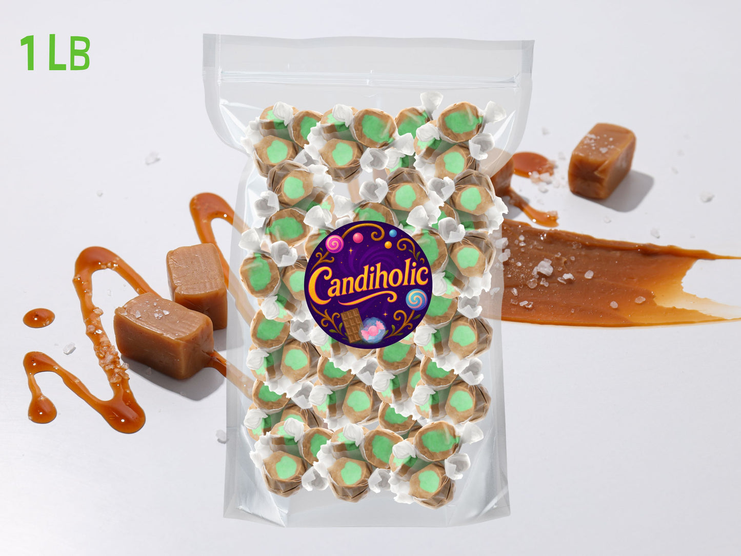 a 1 lb candy bag filled with caramel apple taffy with caramel smeared background