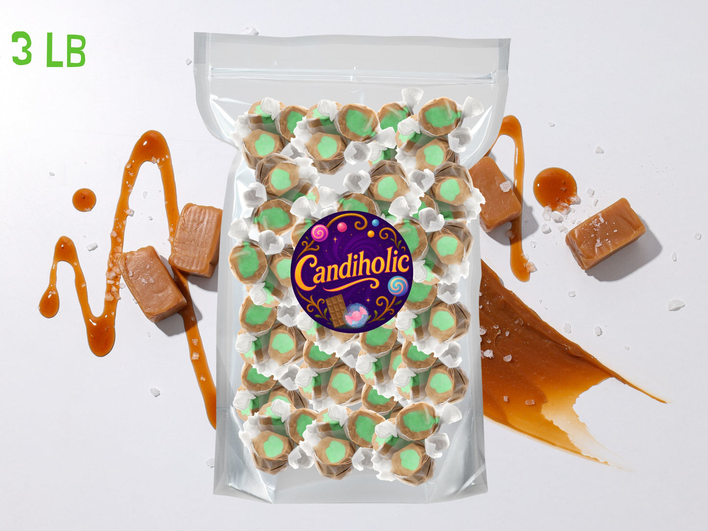 a 3 lb candy bag filled with caramel apple taffy with caramel smeared background