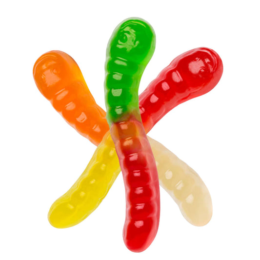 Colorful fruity gummy worms in orange, red, green, yellow, and white stacked together