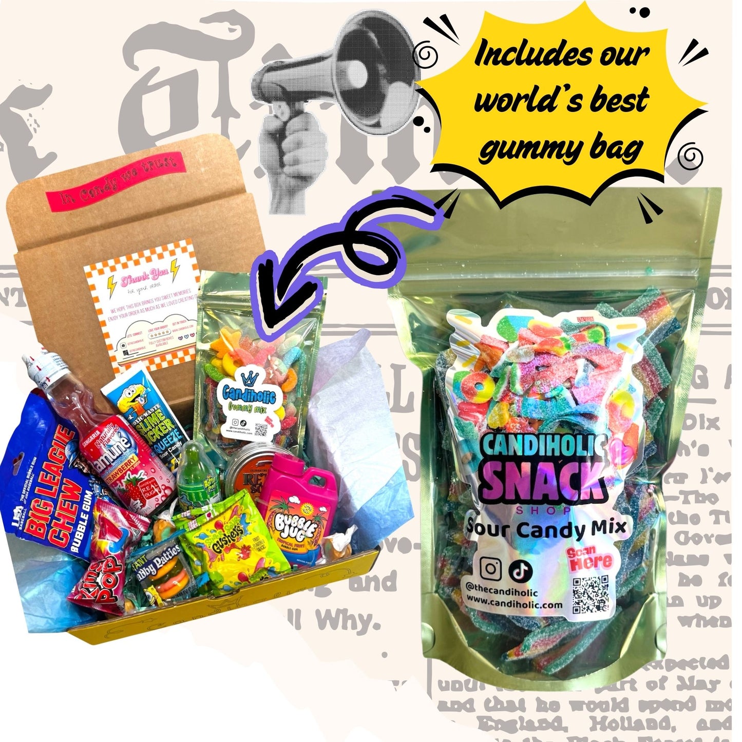 Candiholic Snack sour candy mix bag with a world's best gummy bag label and a box of assorted candies.