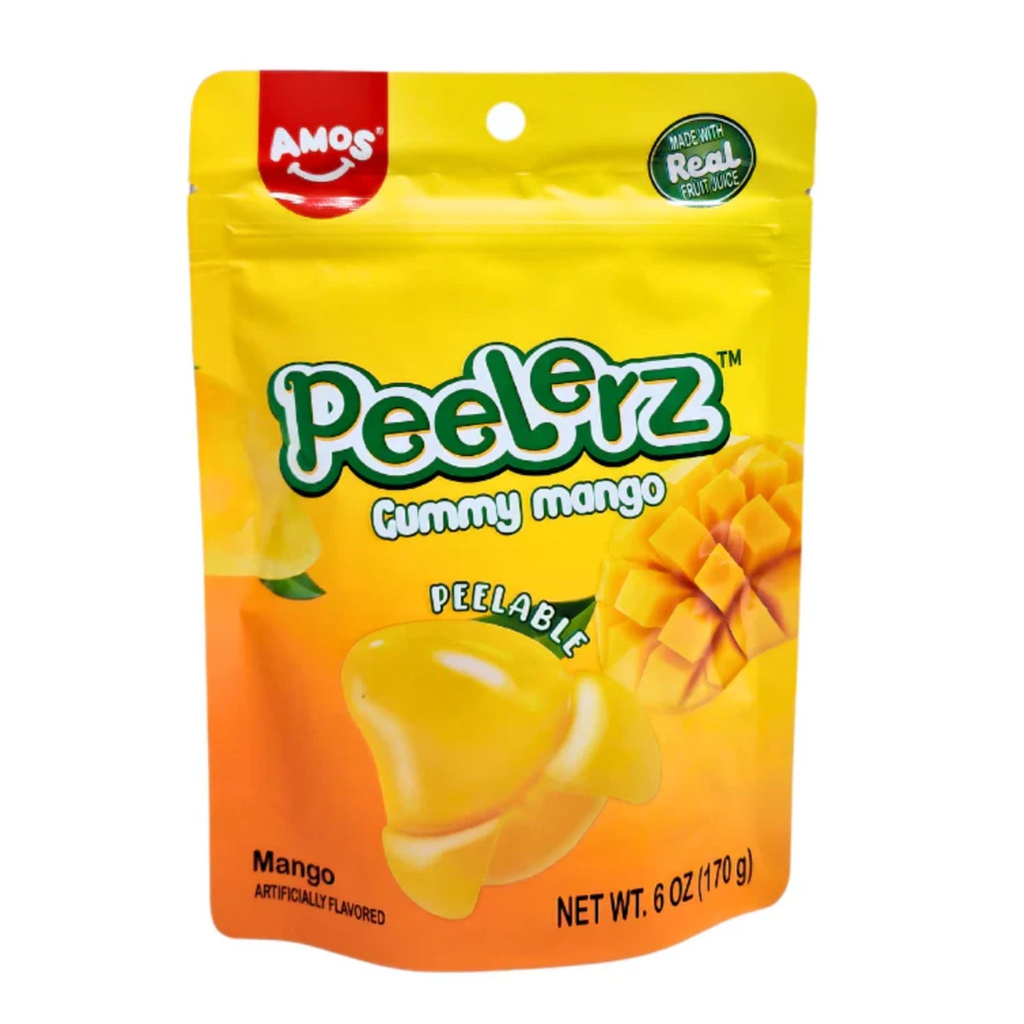 Close-up of Mango Peelerz candy showing layered gummy texture and bright mango color