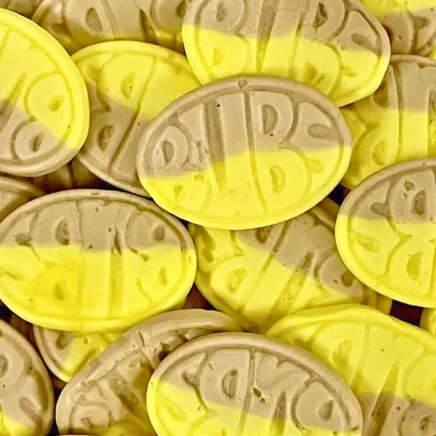 Bubs oval toffee banana yellow and brown candy swedish