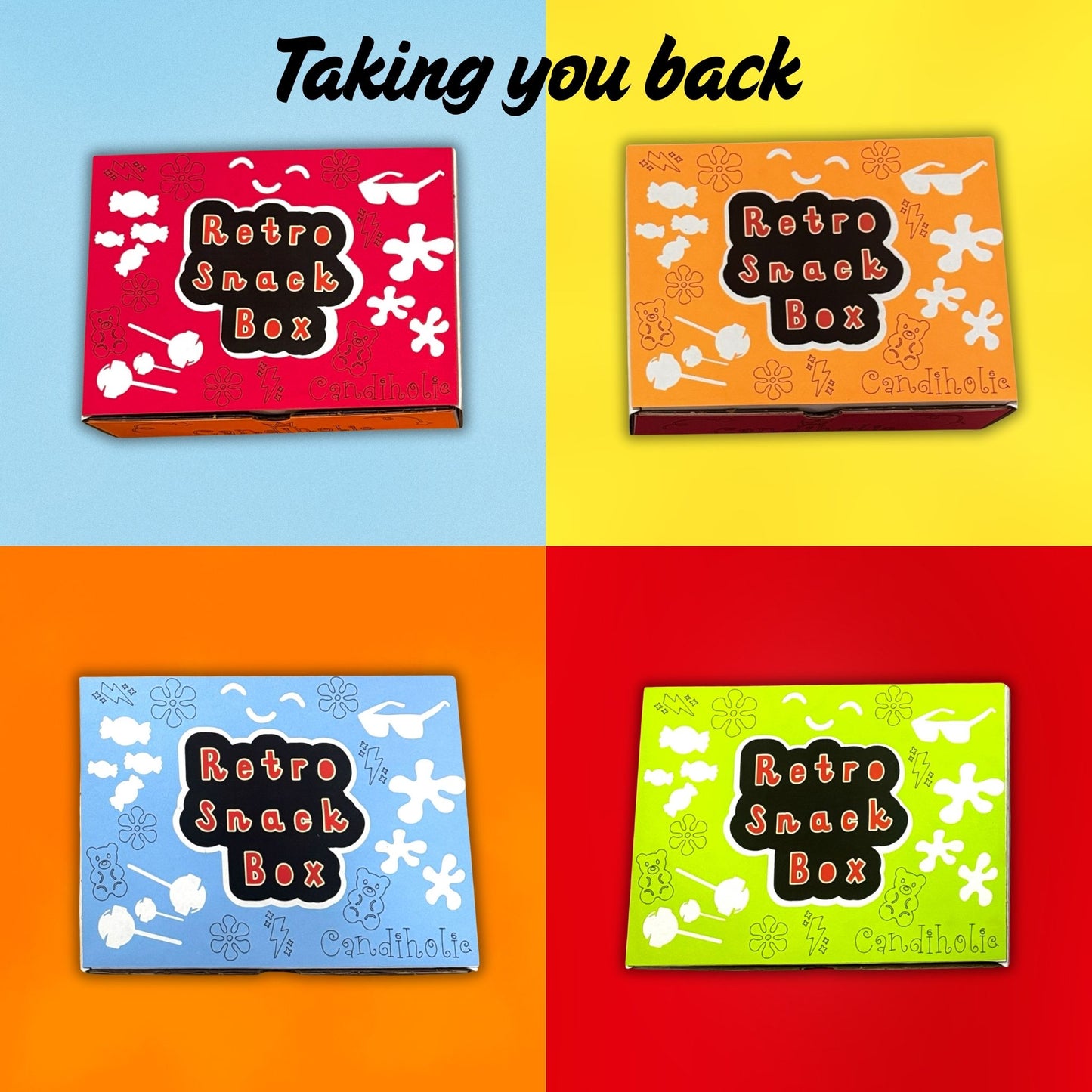 Four retro snack boxes in different colors on a colorful background with 'Retro Snack Box' text.