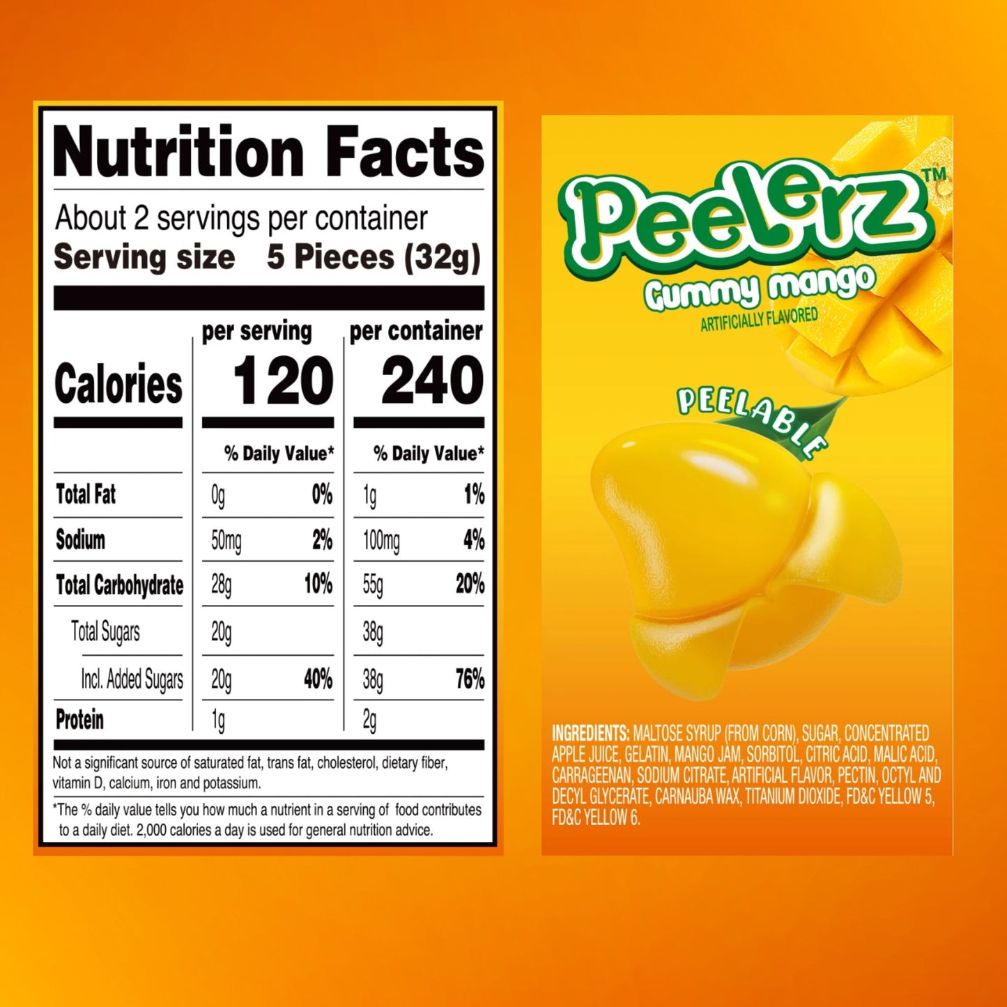 Mango Peelerz Gummy Mango candy nutrition facts and ingredients – includes calorie count, serving size, sugars, and a peelable gummy visual with product packaging.