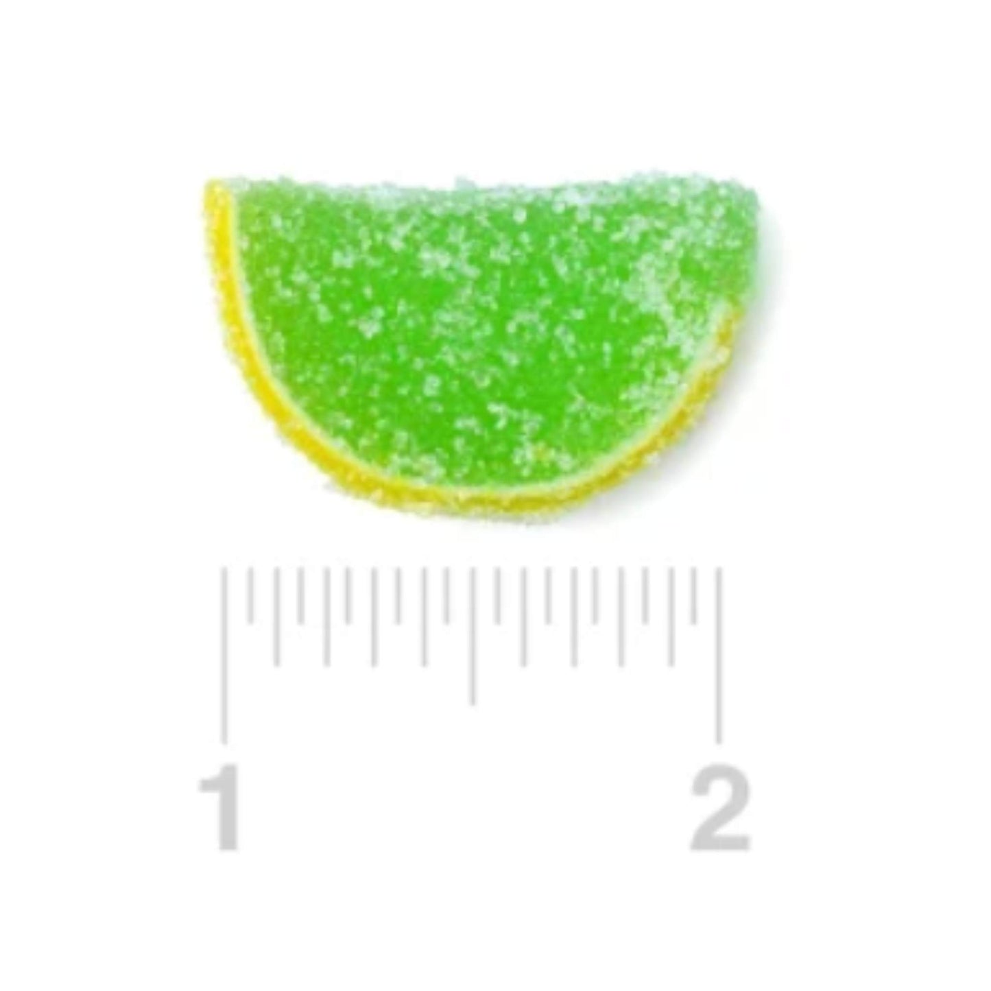 Close-up of green and yellow key lime gummy wedges