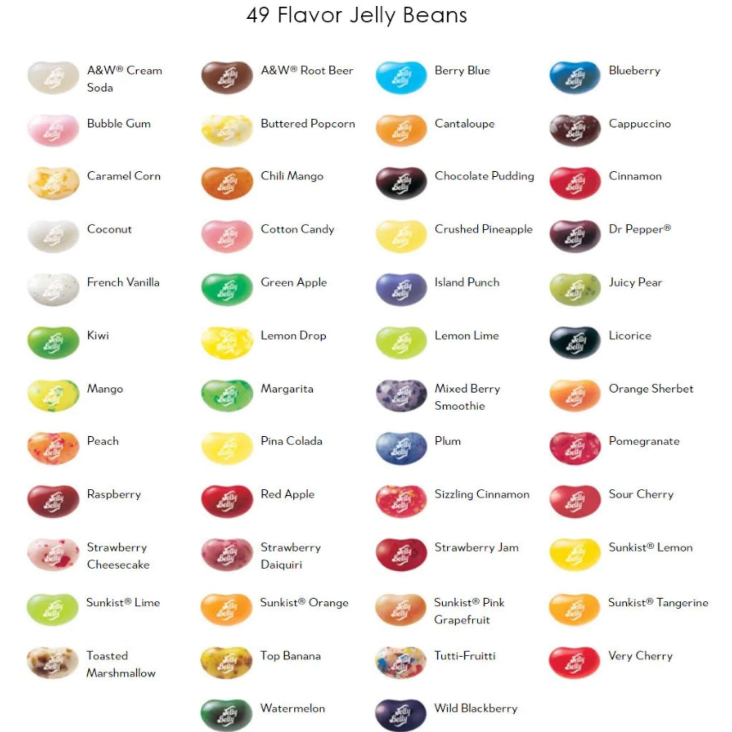 Assorted mix of Jelly Belly 49 flavor jelly beans in vibrant colors