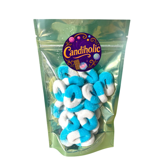 Clear resealable bag filled with blue and white sugar-coated gummy rings, showcasing chewy blue raspberry candy
