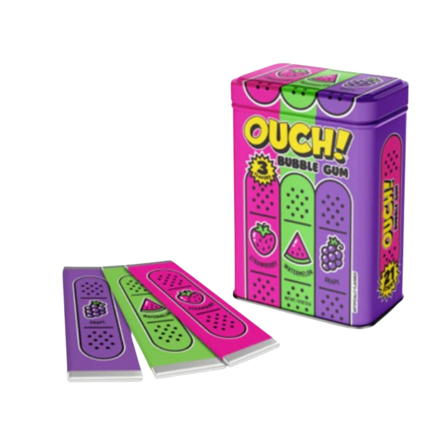 Ouch! Bubble Gum collectible tin with bandage-style bubble gum in strawberry, watermelon, and grape flavors