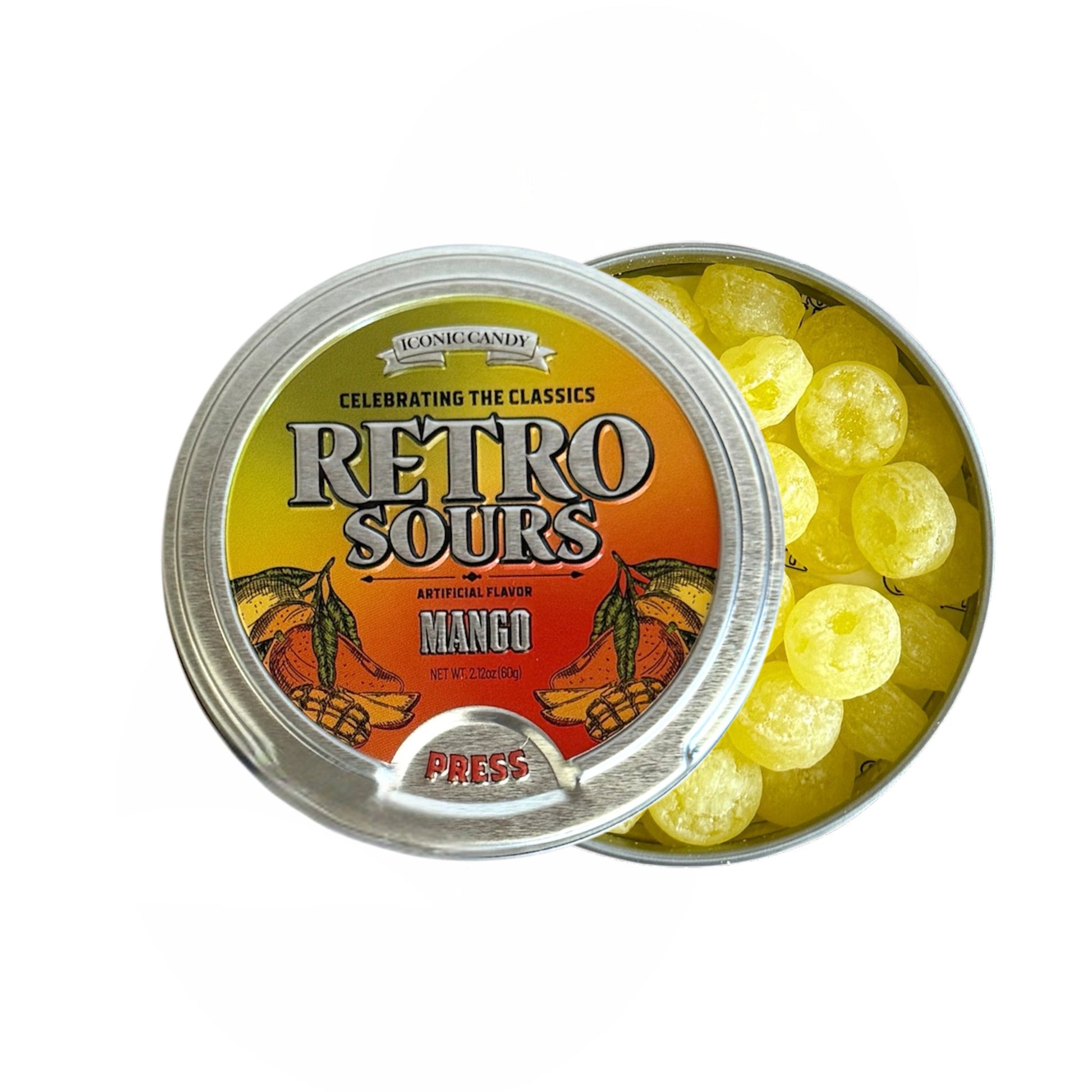 mango sour candy in retro tin