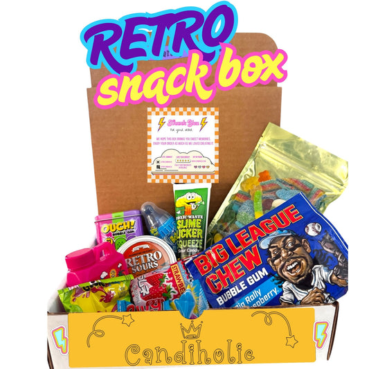 Retro snack box with vintage-style candy and packaging, featuring the brand 'Candiholic'.