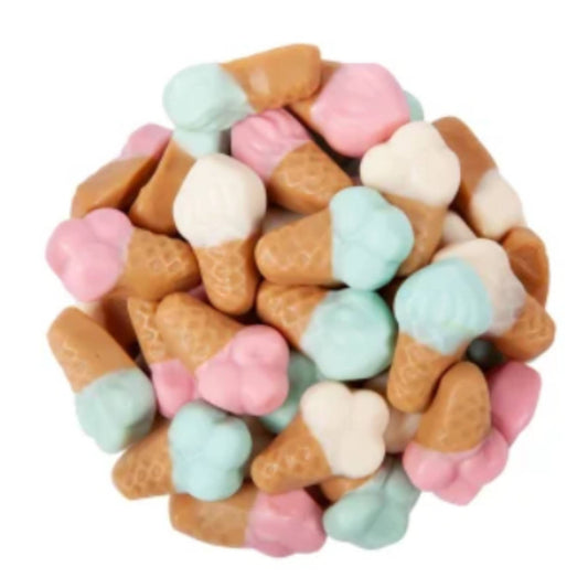 Gummy ice cream cone candies in pastel colors perfect for baby showers, party favors, and themed dessert tables.