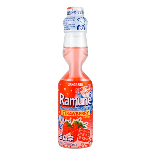 Sangaria Ramune Strawberry Soda with pink strawberry label in a glass bottle